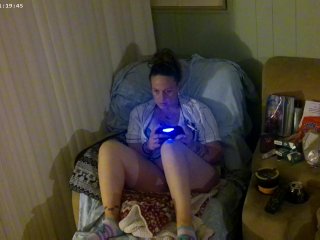 Step mom smoking cigarette and playing video games in her bra and panties (Part 2)